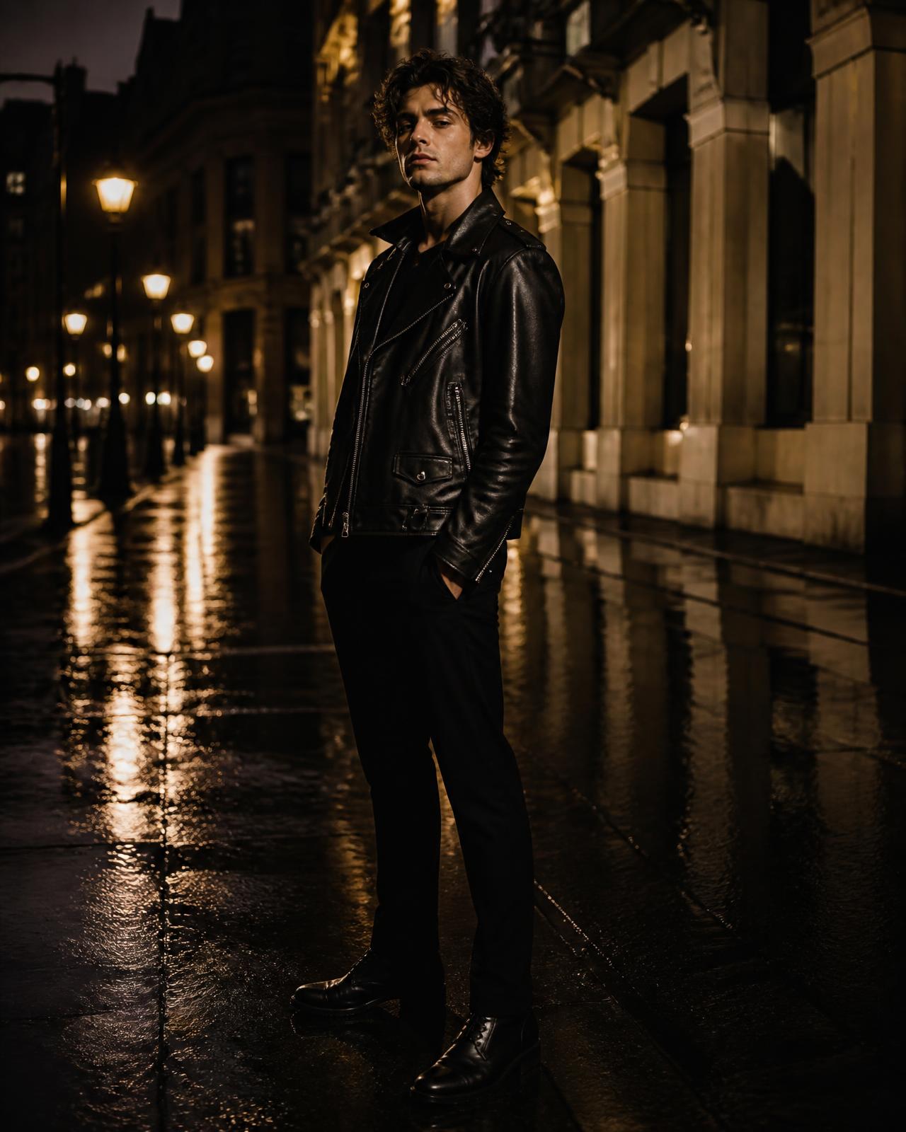 Man in a black leather biker jacket on a city street at dusk