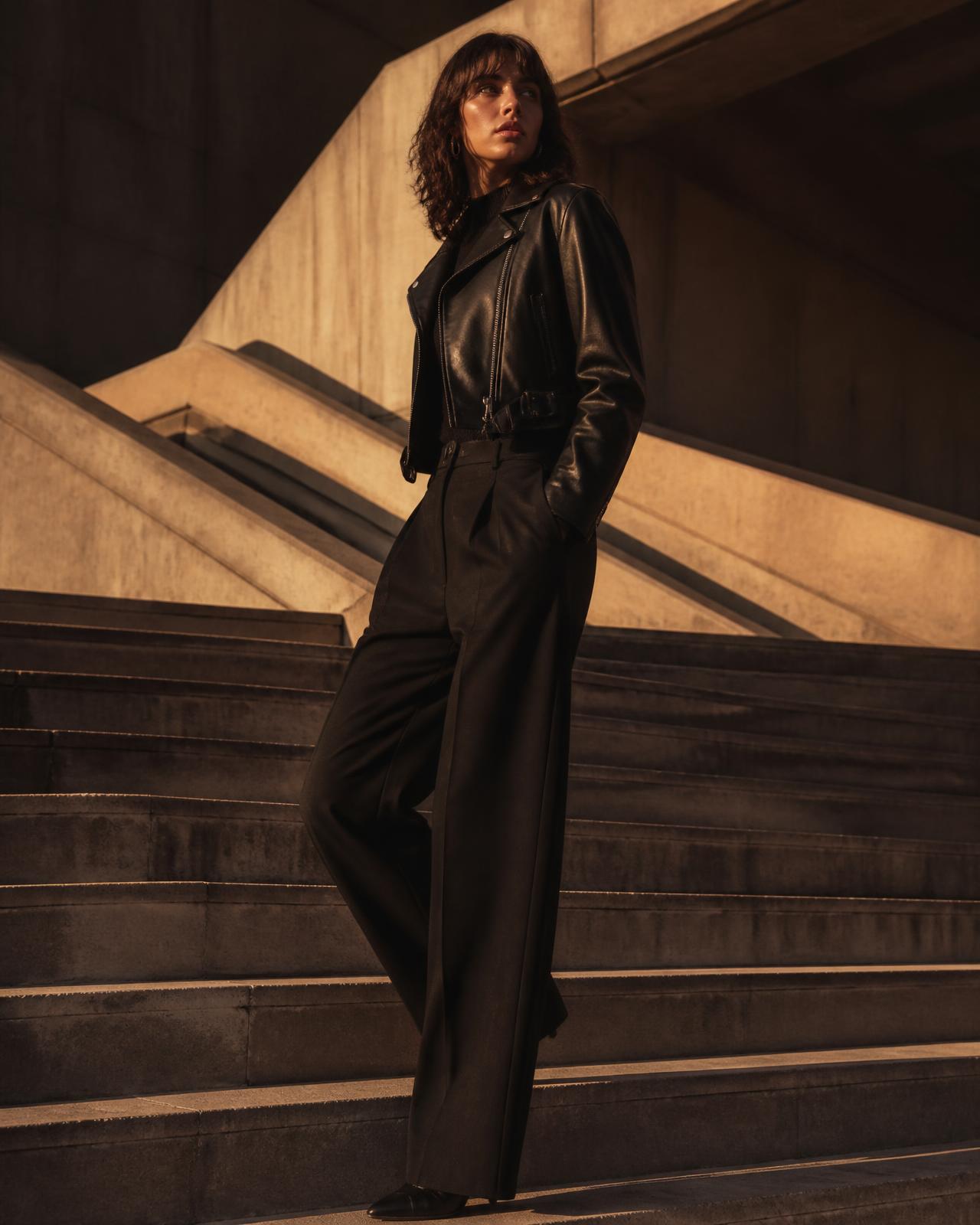 Woman in a cropped leather moto jacket on concrete stairs